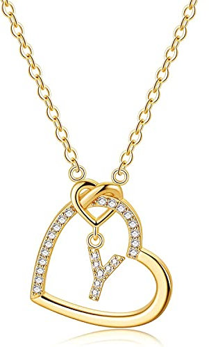 LIHELEI Damen Halskette Herz Buchstabe 925 Silber Kette Damen Personalisiere Kette, Geburtstags und Weihnachten Geschenk Für Frauen Mädchen Mama Freundin - Y(Gold)