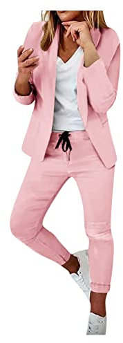 Générique Tailleur Femme 2 Pièces Elegant Slim Fit Blazer Veste Formel Bureau Travail Pantalon Costumes Revers Manteau Ensemble (Rose, M)