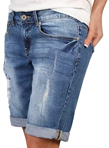 Jeans Shorts Damen Knielang Zerrissen Sommer Sexy Frauen Kurze Hose Denim Stretch Grosse Grössen Mode Casual Lose Jeansshorts Bermuda Übergröße Hotpants Strandshorts