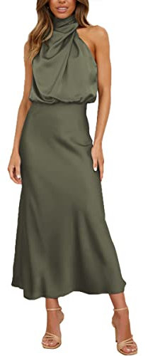 Daysskk Robe Vert Armée Sans Manche Longue Satin pour Femme - Chic et Élégante pour Soirée, Cérémonie, Été - Taille S