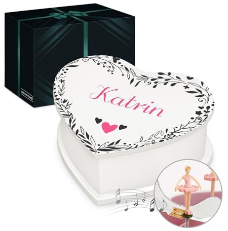 Maverton Herz Schmuckkästchen mit Aufdruck - Schmuckschatulle mit Spieluhr Ballerina - Musikschmuckdose in Herzform für Mädchen - Jewelkeeper zur Taufe - zur Erstkommunion - zum Geburtstag - Herzen