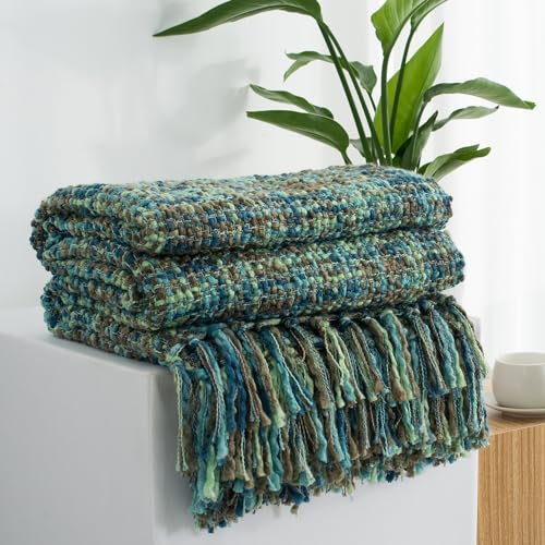 GINAMUSE Multi-Color Green Cable Knitted Throw Blanket for Couch,50X60 Boho Style Textured Blankets for Home Decor,Super Soft Warm Cozy Chunky Knit Blanket with Decorative Tassels for Bed and Sofa