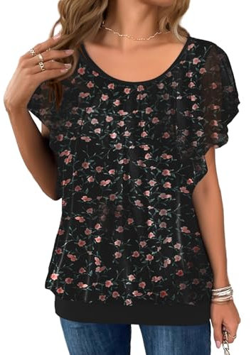 Zeagoo Womens Summer Tops Ruffle Short Sleeve T-Shirt Flowy Loose Pleated Floral Mesh Shirts Double Layers Crew Neck Tunic Tops