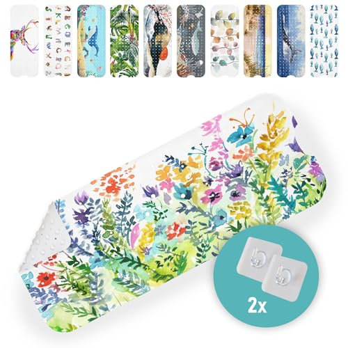 arteneur® - Badewannenmatte 100x40 cm Bunte Blumen | Badematte rutschfest | Inkl. Aufhängung | Schimmelresistent | Maschinenwaschbar | BPA frei | Antirutschmatte Badewanne & Badewannenmatte Kinder