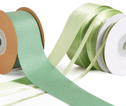 BOFUNX 4 Rolle Satinband Grün Schleifenband Geschenkband Salbeigrün Dekoband Stoffband für Hochzeit Geburtstag Party Basteln Bänder 3mm/6mm/25mm/38mm