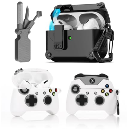 LEWOTE Funda protectora 3 en 1 compatible con Apple Airpods Pro (2ª/1ª generación) con kit de limpieza y llavero (gamepad)