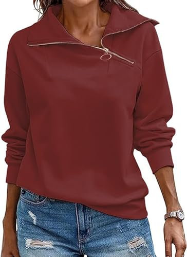 Cuptacc Women's Sweatshirts V Neck Long Sleeve Tunic Tops Casual Solid Color Half Zip Sweatshirt Women Autumn Burgundy, Medium M 12-14