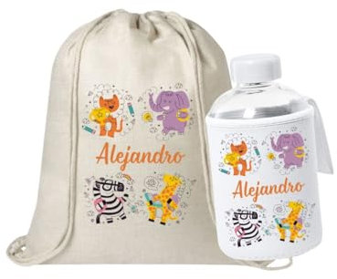LA CASA DE LA TAZA | Pack Mochila Cuerdas y Botella de Cristal Personalizados con Nombre y Animales | Regalos Personalizados para Niños | Bolsa Cuerdas | Vuelta al Cole | Ideal Para Regalos