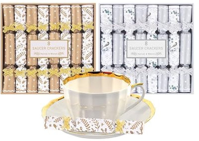 Shop4allsorts 16 saucer crackers - mini christmas crackers - afternoon tea crackers – silver and gold foliage christmas crackers - 12cm x 2cm - christmas party favours.