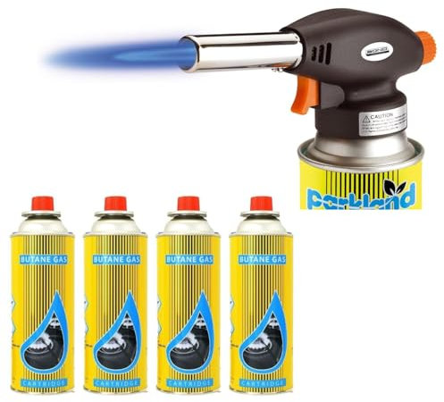 Blow Torch with 4 Butane Gas Cans – Auto Ignition, Adjustable Flame, Kitchen Blow Torch with Heat Capacity of Upto 1300° C, Flamethrower Soldering Torch Lighter for Camping, Cooking, Kitchen & BBQ