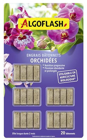 Algoflash Bastoncini fertilizzanti orchidee, utilizzabili in agricoltura biologica, 20 bastoncini