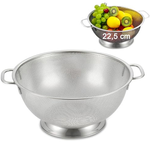 Scolapasta Microforato in Acciaio Inox, Colapasta Metallico Perforato per Cucina con Manico e Base, Filtro Professionale, Filtro Durevole per Scolare Verdura, Frutta, Riso e Pasta, 22,5 cm