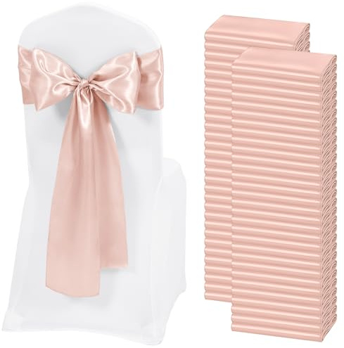 REWOMC 60 PCS Rose Gold Satin Chair Sashes, Ties Bows Designed Chairs Decorative, Chair Cover Sashes for Thanksgiving Wedding Christmas Banquet Party Home Kitchen Decoration (7 x 108 inch)