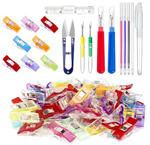 KEWUF 61 Piezas Desgarrador de Costuras Set, descosedor, descosedor de costura, 4 Abridor de Costura con 1 Tijeras y 1 Cinta Métrica y 50 Clips Costura, Desgarradores de Costura DIY