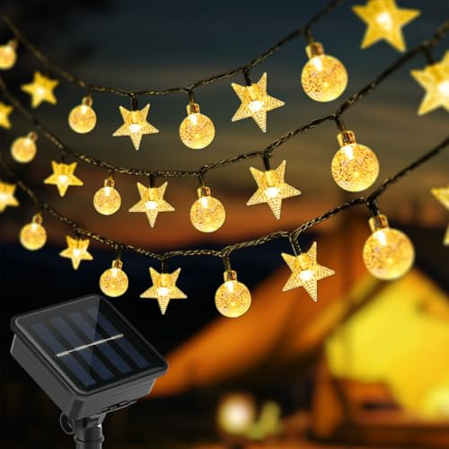 vsshe Solar Lichterkette Aussen 100 LED, 12M 8 Modi Beleuchtung Warmweiß Solarlampe Außen/Innen IP65 Wasserdicht mit Kristall Kugel und Sternen| Kettenlicht Deko für Garten Party Hochzeite Weihnachten