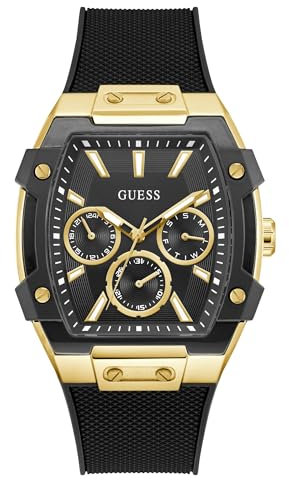 Guess Phoenix GW0956G2 Montre pour Homme en Acier Inoxydable avec Bracelet en Silicone Noir 5 Bar Cadran Noir Date 44 mm
