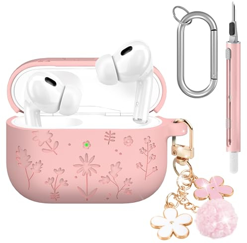 Seltureone Hülle für AirPods Pro 3 (2025) mit Reinigungsset | Weiche Silikon-Schutzhülle Stoßfest mit Blumengravur & Kirschblüten-Schlüsselanhänger Case Cover für AirPods Pro 3 - Rosa