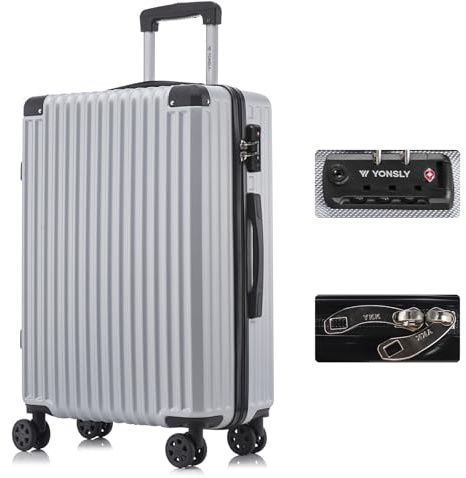 YONSLY Premium Reisekoffer TSA-Schloss,YKK-Reißverschluss Hartschalen-Koffer Trolley Rollkoffer Suitcase Handgepäck 4 Rollen (Silber, L)