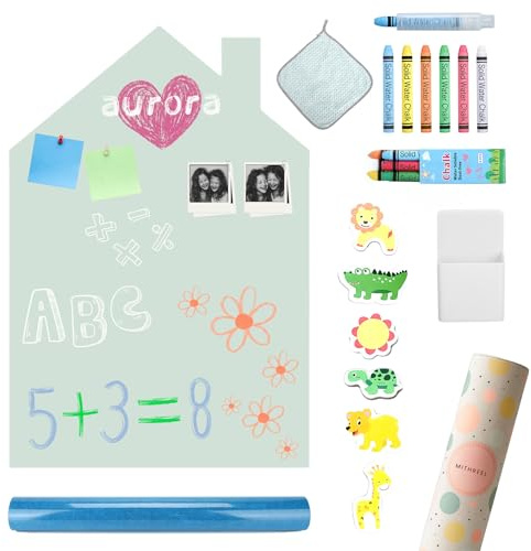 Mithreel Magnettafel Kinder – Selbstklebende Wandtafel in Hausform mit Pastellfarben und Kreiden – Montessori Magnetwand – für Mädchen und Jungen – Kinder Magnettafel Wand (Grün, 100 x 80 cm)