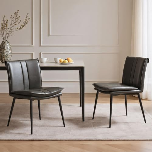chairus 2PCS Chaises de Salle à Manger en Cuir PU, Pieds Métal, Gris | Similicuir Gris, Pieds en Métal Noir, Dossier Matelassé, Sans Accoudoir, pour Salon, Chambre, Bureau