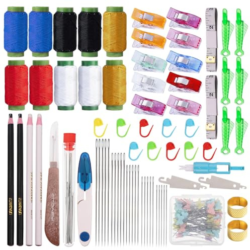 125 Piezas Kit Costura Costurero Kit de Costura con Agujas Hilo Dedales Tijeras Enhebrador Alfileres Boligrafos Metro para Reparacion de Ropa Costura y Manualidades