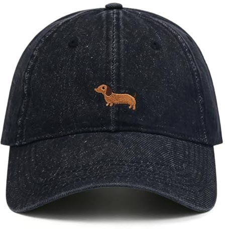MONYRA Unisex Baseball Cap mit Dackel-Stickerei, Verstellbare Jeans Kappe, 100% Baumwolle, Denim Dad Hat für Damen & Herren