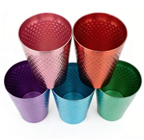 Sxhlseller Juego de 5 Vasos de Aluminio Martillado, Vasos de Metal Livianos y Reutilizables para Bebidas Frías, Diseño de Alta Conductividad Térmica de Grado Alimenticio en Cinco Colores (5PCS)