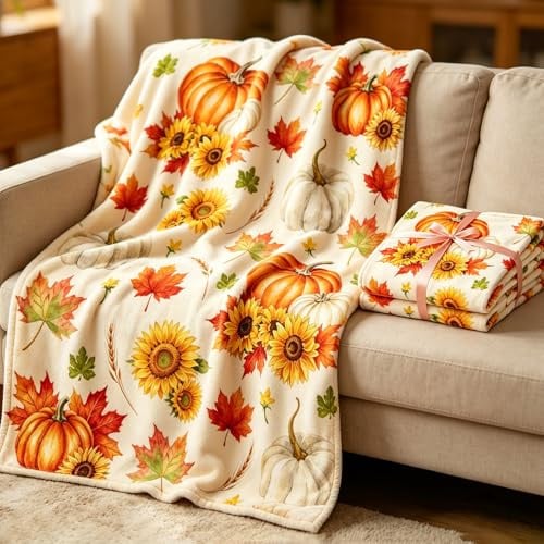 YYSWSAKY Herbst Kürbis Decke für Zuhause - Thanksgiving Erntezeit Dekor mit Kürbis, Ahornblatt, Sonnenblumenmuster, Flanell Geschenk Decke, Romantische Weiche Kuscheldecke für Bauernhof Stuhl Nach