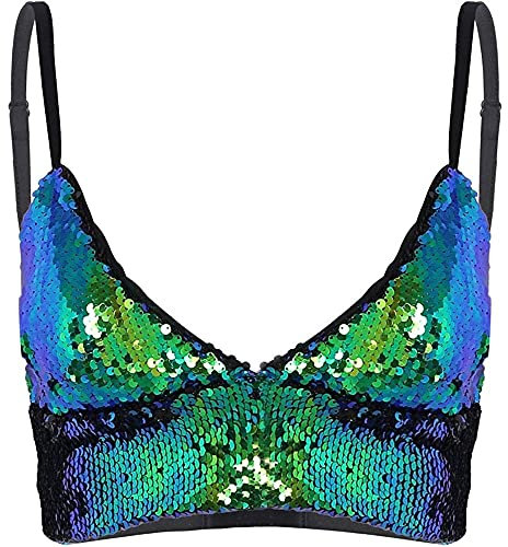 VentureTech Damen Sexy Glitzer Pailletten BH Fischschuppen Bikini Top Bralette Party Clubwear Badeanzug Disco Shirt - Grün - S