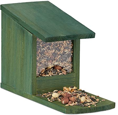 Relaxdays Eichhörnchen Futterhaus, Futterkasten f. Eichhörnchen, dunkelgrün | zum Aufstellen, Holz, HBT 17,5 x 12 x 25 cm