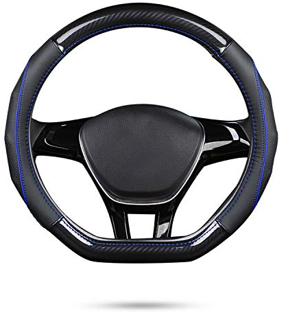 Ergocar Auto Lenkradbezug Rutschfester Auto Lenkradschutz D-Form Kohlefaser & Erste Schicht Rindsleder für Durchmesser 38cm (15 ) (D-Schwarz-Blau)