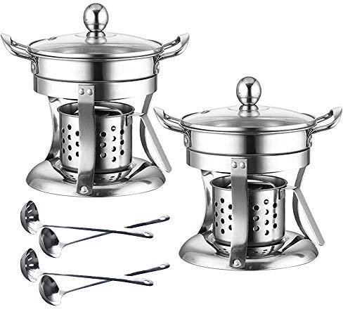 2 Pack Shabu hot pot Stainless Steel Chafing Dish alcohol hotpot single Mini cooking pot Cookware Non-Magnetic Alcohol Burner