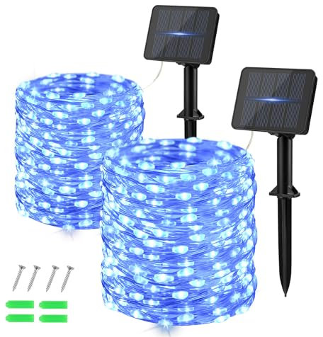 Dalugo Blue Solar Lights Outdoor Garden, 2 Pack 120 LED Solar Powered Fairy Lights 40Ft 8 Modes Waterproof String Lights for Garden, Yard, Tree, Indoor/Outdoor Decoration