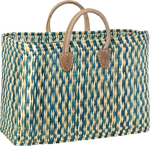Witzgall 4019/46/0 Natur Einkaufstasche Einkaufskorb Badetasche Flechttasche aus natürlichem Schilfgras mit Echt-Leder-Henkeln in Größe L / 43x20x31 cm