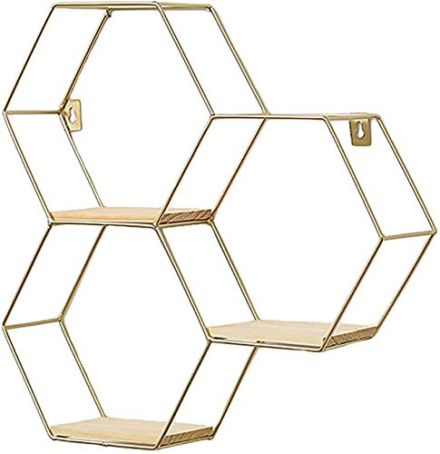 SWECOMZE Hexagon Wandregal aus Holz und Metall Hängeregal Schweberegal Badregal dekorative Regal für Büro Küchenregal, Badezimmer, Wanddekoration (Golden,3 Stück-2)