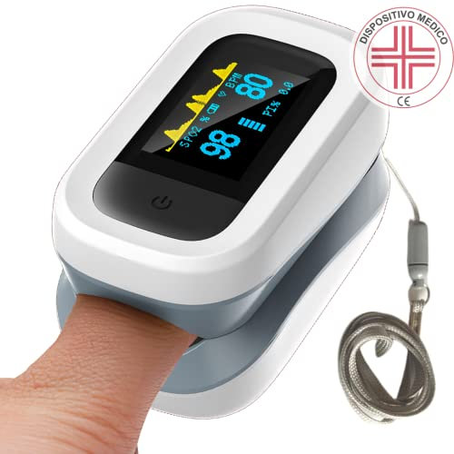 Saturimetro da Dito Professionale Certificato, Pulsossimetro da Dito Portatile, Completamente regolabile, Display OLED a 2 Colori, Misurazione SPO2 e Frequenza cardiaca, per Uso Domestico e Sportivo