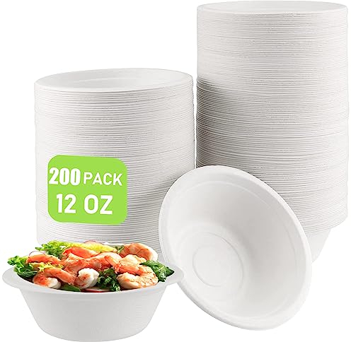 ZOENHOU 200 Pack 350ml 12 oz Paper Bowls, White Round Extra Strength Bagasse Sugarcane Party Bowls for BBQ Parties Picnic Christmas Halloween