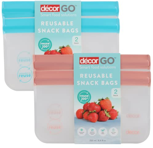 Décor Reusable Small Food Storage Bags - Pack of 2 | Freezer Safe Snack Bags | Airtight, Leakproof Seal | Blue/Pink