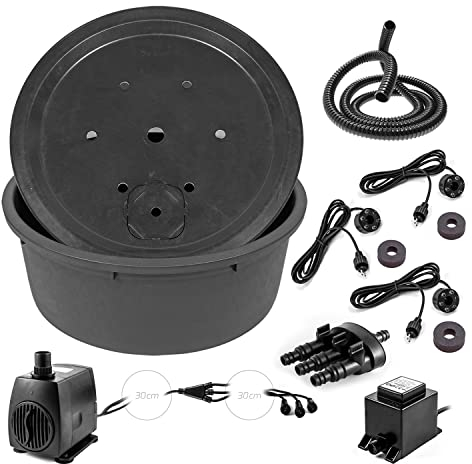 CLGarden 88cm Springbrunnenbecken Set mit großem 150 Liter Wasserbecken und GFK Abdeckung Springbrunnenpumpe SP3 DIY LED Belechtung