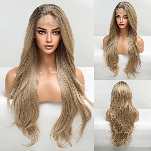 EMMOR lange blonde Lace-Front-Perücke für Frauen,geschichtete Mittelscheitel wellig lockige Perücke,Synthetikperücke für den täglichen Gebrauch.