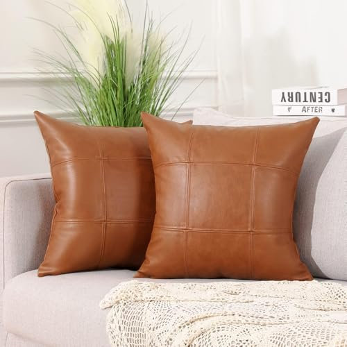 Mandioo 2er Set Classic Plaid Kunstleder dekorative Wurf Kissenbezüge 55x55 cm, Hand genähte Moderne Luxus Outdoor Dekokissen Kissenbezug Couchkissen Kissenhülle für Couch Schlafsofa Braun
