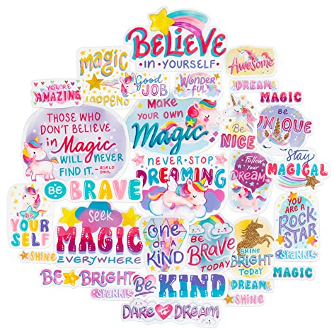 Navy Peony Motivational Unicorn Stickers (31 Pieces) - Positive Quotes, Child Proof | Magical Rainbow Stickers for Bikes, Helmets, Laptops