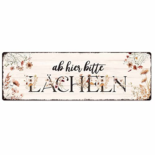 Interluxe Schild Metallschild - Ab Hier Bitte lächeln - Willkommensschild Gäste Besuch Herbstdeko Türschild Willkommensschild