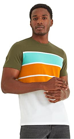 TOG24 Whitwick Mens T-Shirt with Yarn Dyed Stripes in a Sustainable Cotton Blend, Ribbed Crew Neck Khaki