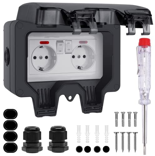 Presa esterna impermeabile da parete, presa da giardino, IP66, contatto di protezione con interruttore spia di controllo, nero