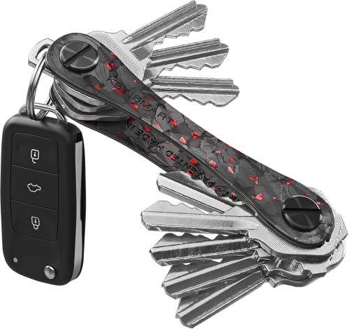 KeySmart Organiseur de clés en fibre de carbone forgé rouge – Porte-clés compact minimaliste et compact, porte-clé EDC avec boucle porte-clés pour porte-clés, jusqu'à 14 clés, Rouge forgé noir