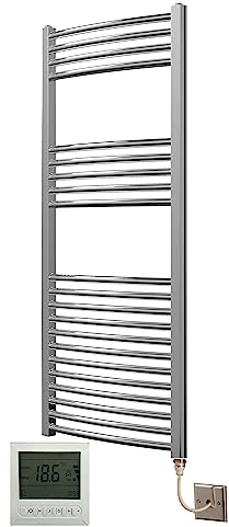 Greened House Extra High Heat Output Chrome Electric Towel Rail 500 x 1200mm Curved Bathroom Radiator Heater Up to 26% More Heat Output + Timer and Thermostat