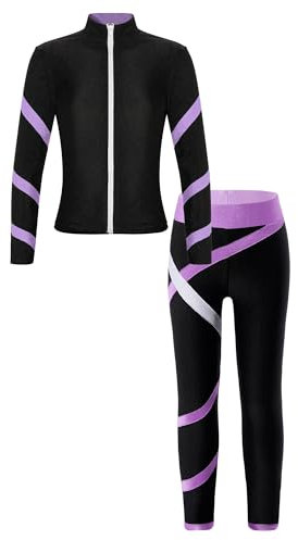 Jowowha Mädchen Trainingsanzug Sport Set Eiskunstlauf Anzug Langarm Sweatjacke + Hose Sport Leggings Yoga Gymnastik Turnen Eislaufen Tanzkleidung Hell Lila 146-152
