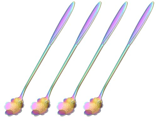 sourcing map 4 cucharas de acero inoxidable para flores de 7 pulgadas de largo, cucharadita de flor de cerezo, cuchara de helado, cucharas de café para mezclar cócteles, coloridas