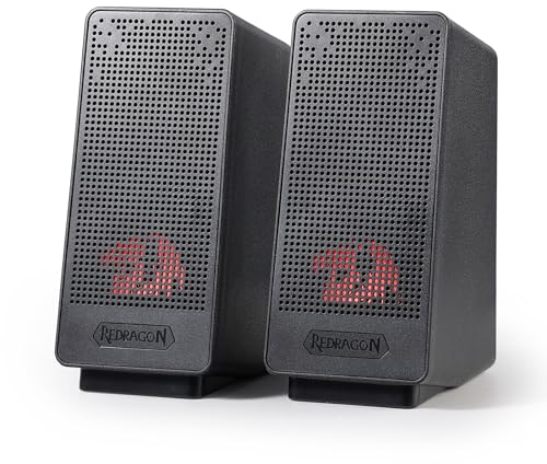 Redragon GS513 - Haut-parleur de jeu pour PC - 2.0 canaux - Basse basse et rétroéclairage rouge discret - Alimenté par USB avec câble de 3,5 mm